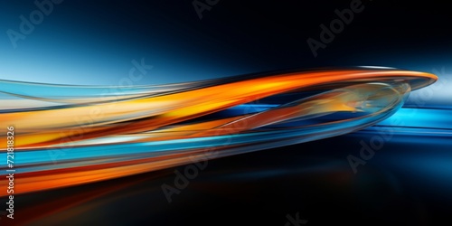 A dynamic abstract composition featuring flowing blue and orange shapes on a dark background with a glossy finish.
