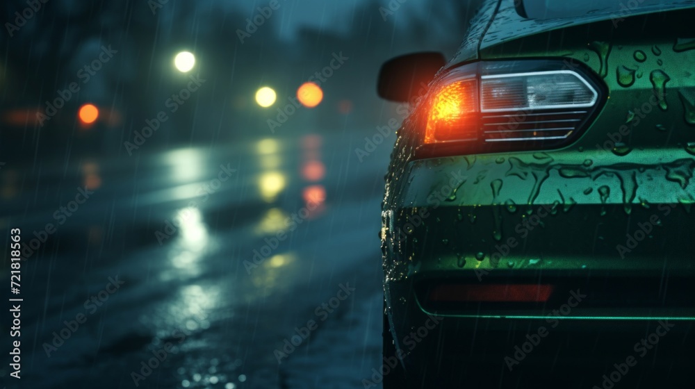 Raindrops on a car with glowing tail lights reflect on a wet street during a moody urban night.