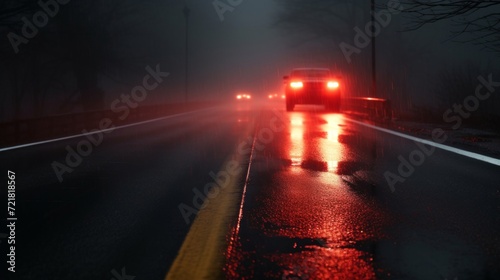 The red glow of car tail lights illuminates a misty, rainy road at night, creating a haunting ambiance.