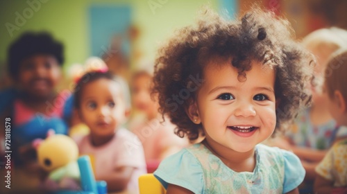 A happy toddler with curly hair smiles brightly in a lively and colorful daycare setting with other children.