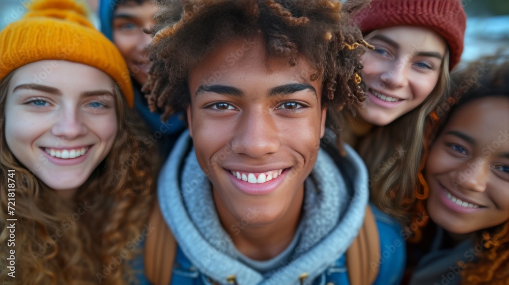 Groupe de jeunes gens joyeux et d'amis proches en tenues chaudes, partageant des moments de bonheur en extérieur Groupe de jeunes gens joyeux et d'amis proches en tenues chaudes, partageant des moments de bonheur en extérieur