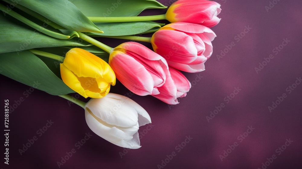 Obraz premium Colorful spring tulips laid on a deep purple surface, representing freshness and beauty.