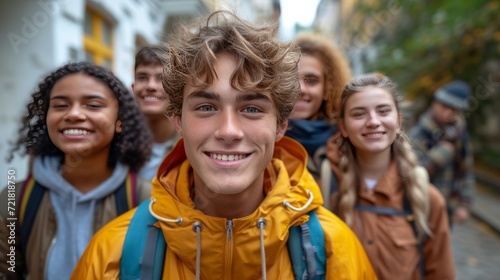 Groupe de jeunes gens joyeux et d'amis proches en tenues chaudes, partageant des moments de bonheur en extérieur