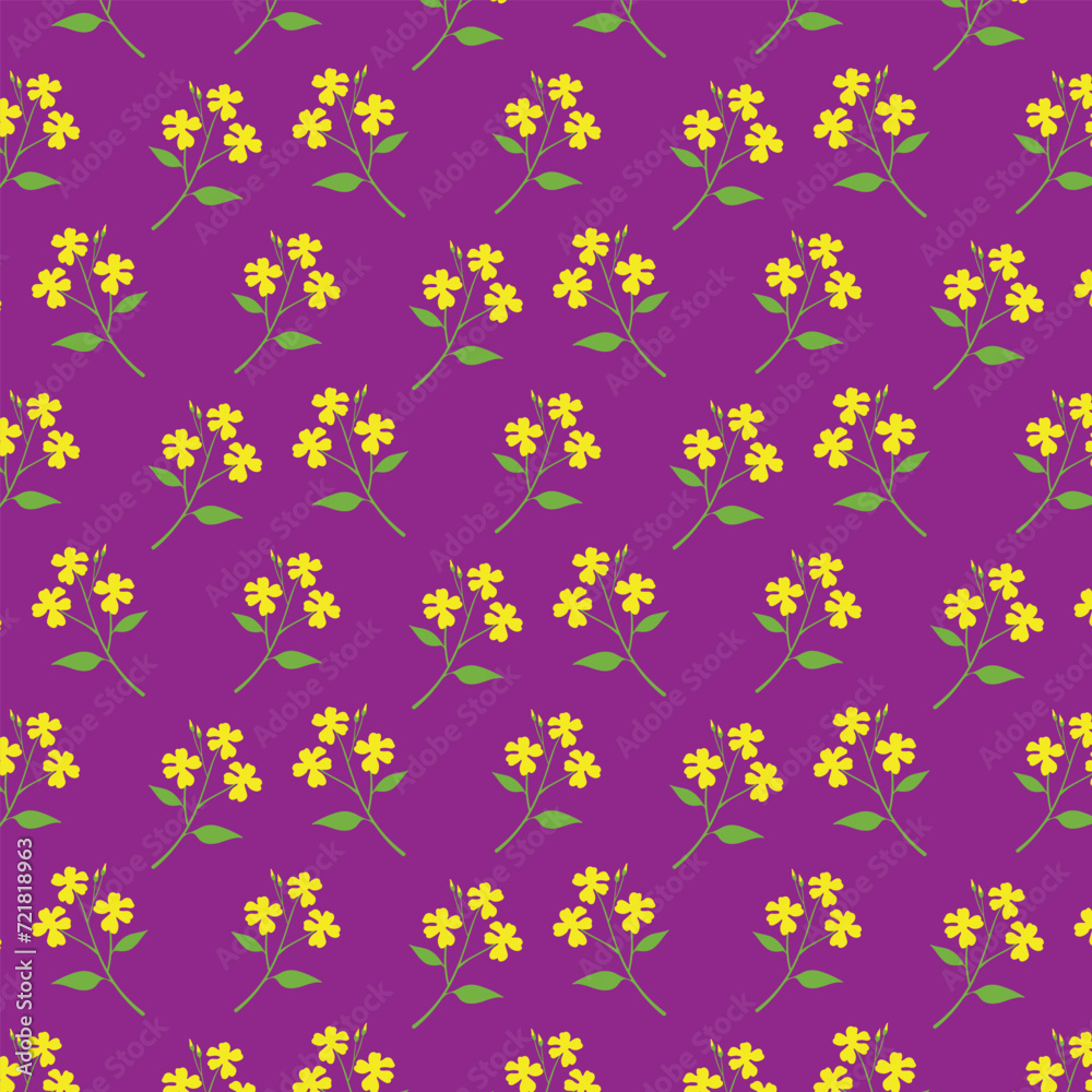 Seamless flower pattern. Yellow flowers on green branch. Small yellow flowers on purple background. Seamless floral pattern for design. Elegant template for fashion prints.