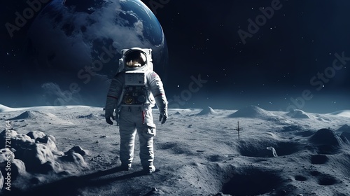 Spaceman or Astronaut on the Surface of Moon. Planet, Space, Luna, Spacewalk, Cosmic, Exploration 