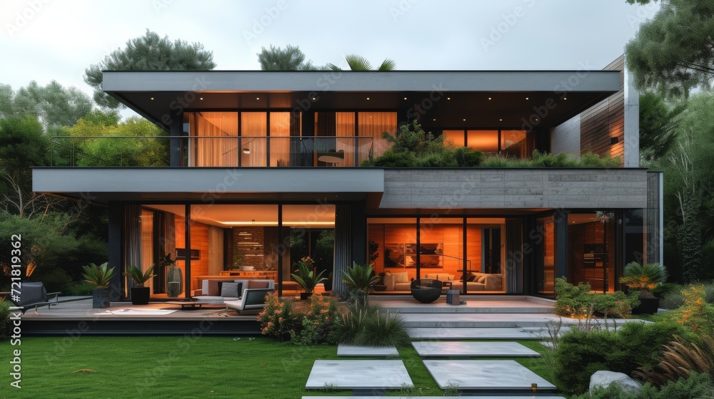 Élégante maison de luxe au cœur d'une forêt automnale avec espace extérieur accueillant Élégante maison de luxe au cœur d'une forêt automnale avec espace extérieur accueillant