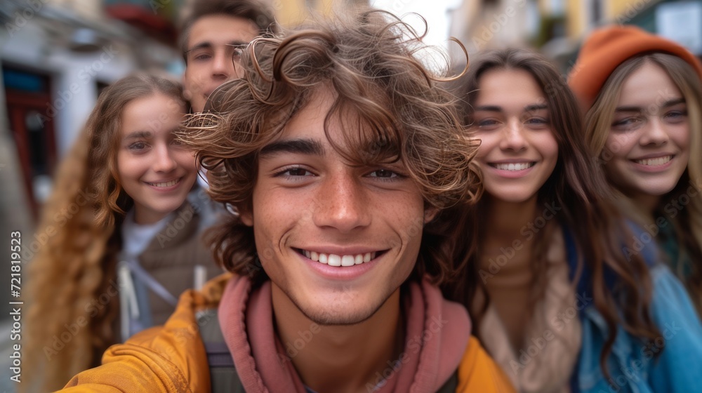 Groupe de jeunes gens joyeux et d'amis proches en tenues chaudes, partageant des moments de bonheur en extérieur Groupe de jeunes gens joyeux et d'amis proches en tenues chaudes, partageant des moments de bonheur en extérieur