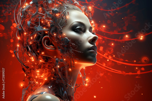 Artificial intelligence  futuristic digital technology human and robot face close-up  digital smart world metaverse concept
