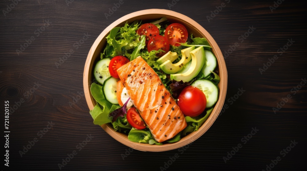 Healthy Food delivery, variant green salad and grilled chicken meat or grilled salmon in paper container for delivery, top view AI generated, copy space for texts Healthy Food delivery, variant green salad and grilled chicken meat or grilled salmon in paper container for delivery, top view AI generated, copy space for texts