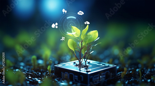 Green leaf plant on circuit. Concept smart farming agriculture technology. Future network of natural environment harvest management. Intelligence garden control application eco system. Ai generative.