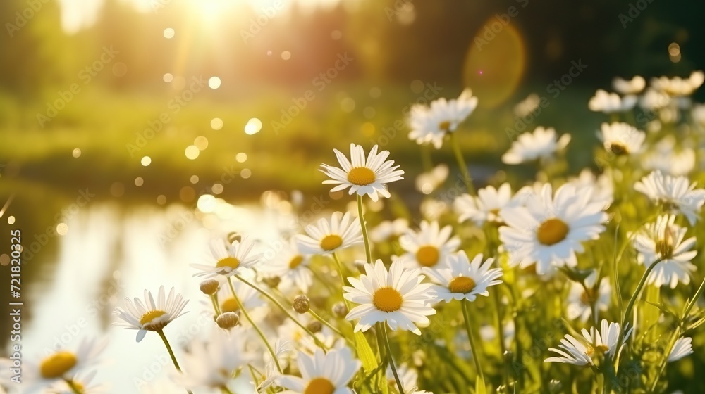 blooming daisies in a beautiful meadow, green field with grass. sunset, sunrise, in a natural park