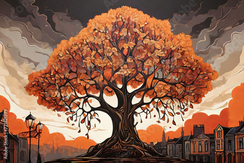 Explore the mysterious charm of a gothic town with a vividly colored tree, bathed in dark orange and light bronze hues. A captivating and atmospheric illustration.