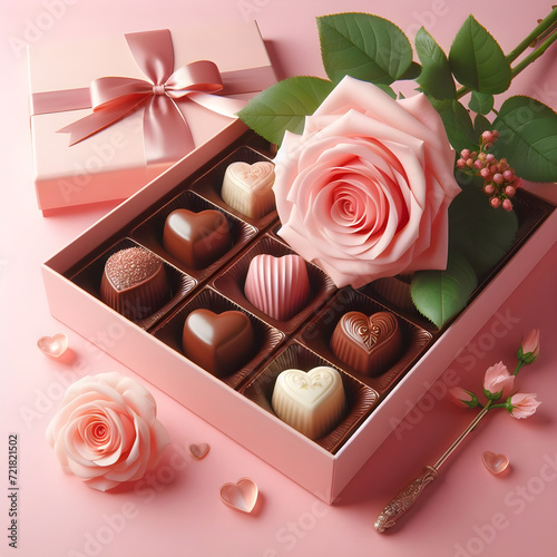 gift box of chocolates with a pink rose, pink background, valentines day © Gemini