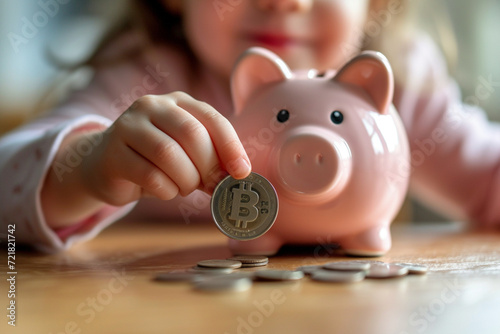 Child's hand delicately places a coin into a piggy bank, curiosity and excitement evident. A close-up capturing the joy of saving and financial exploration.