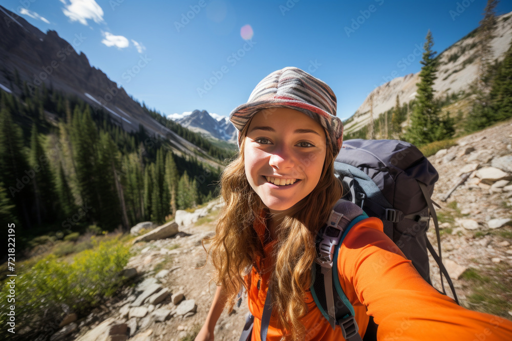 A wide-angle shot of a teenage girl in adventurous outdoor gear, discovering a picturesque trail in the mountains. Use natural light to highlight the rugged beauty of the landscape.