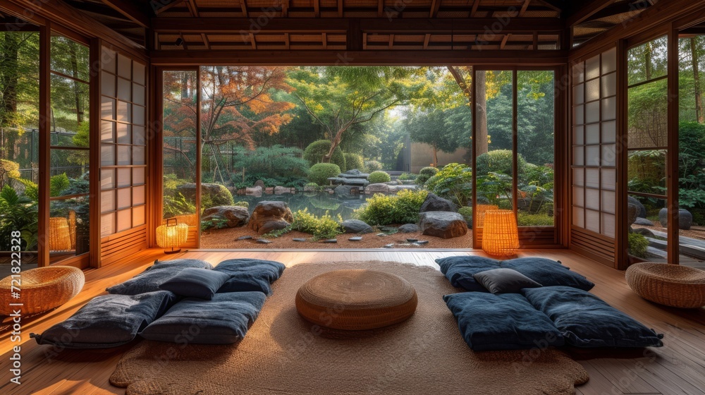 Fototapeta premium Oasis de sérénité : intérieur zen avec vue verdoyante, éclairage naturel, et décoration naturelle