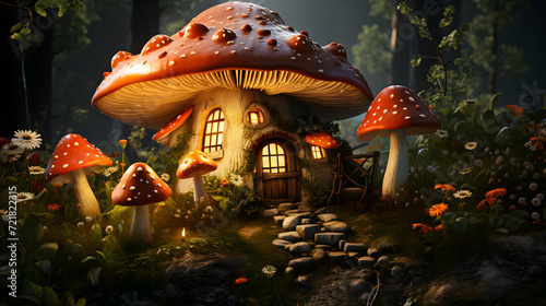 there is a mushroom house in the middle of a field of Forest