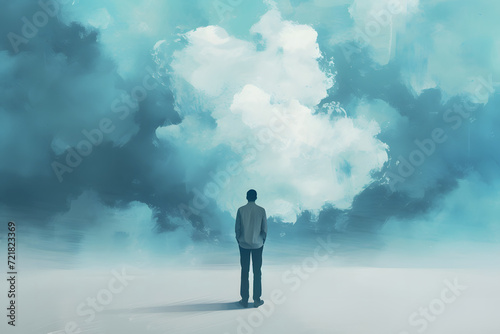 A man standing alone, lost in thought, surrounded by a sad mist. Illustrating the concept of feeling sad, burdened in mind, and deeply contemplative. photo