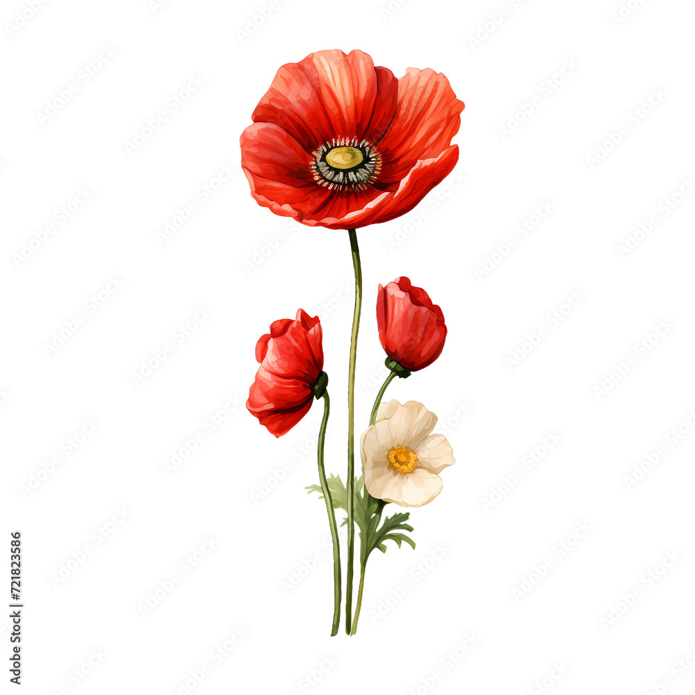 Fototapeta premium Birth Month Flowers August Poppy transparent background PNG
