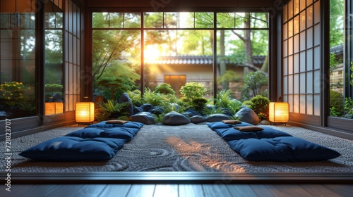 Harmonie japonaise : Espace intérieur serein avec vue sur un jardin traditionnel, table basse et coussins au sol, intégration parfaite de la nature photo