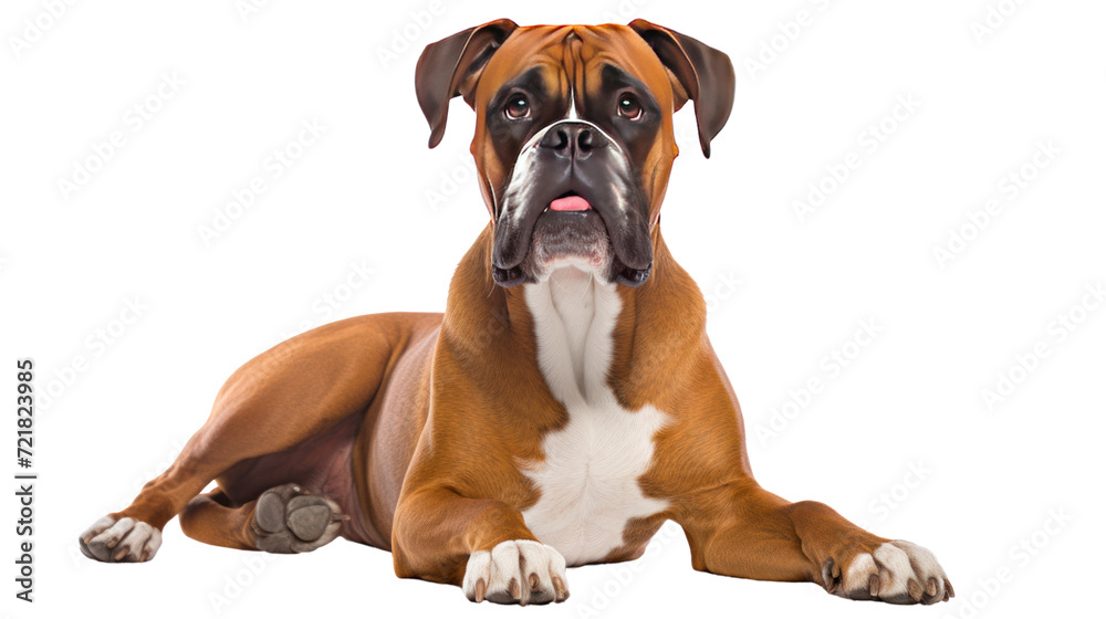 Happy and smiling large Boxer crossbreed dog lying down isolated on transparent and white background.PNG image.