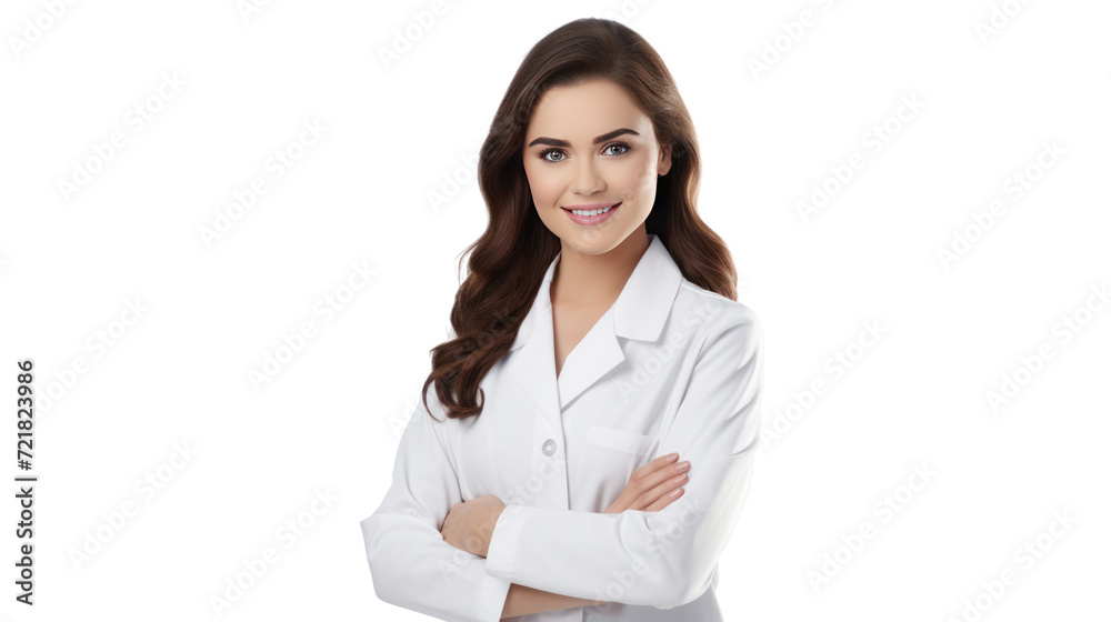 happy beautiful female doctor in medical coat standing isolated on transparent and white background.PNG image. happy beautiful female doctor in medical coat standing isolated on transparent and white background.PNG image.