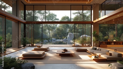 Élégance naturelle : Salon moderne avec vue panoramique sur une forêt montagneuse, design contemporain et ambiance chaleureuse