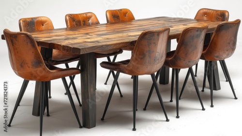 Ensemble Salle à Manger : Table Rustique en Bois et Chaises Cuir Vintage pour un Style Raffiné photo