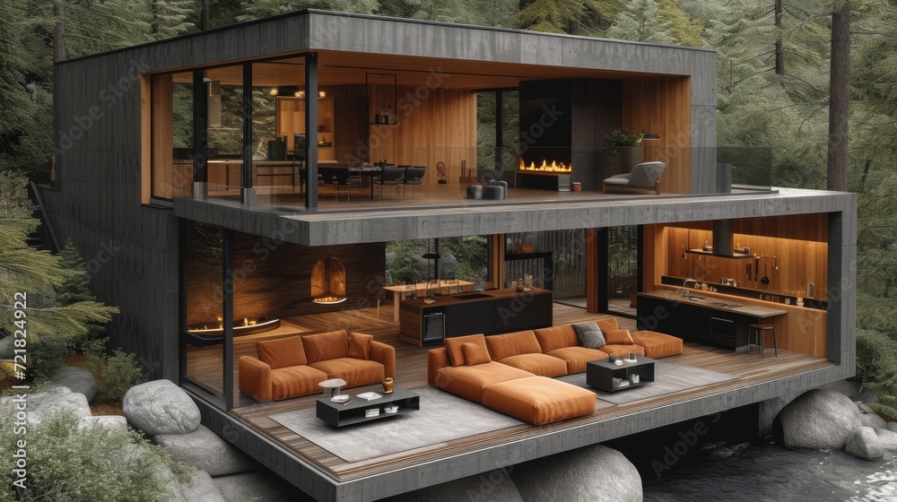 Fototapeta premium Maison moderne à deux étages offrant une vue imprenable sur la forêt environnante