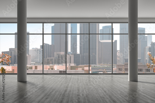 Downtown Los Angeles City Skyline Buildings from High Rise Window. Beautiful Expensive Real Estate overlooking. Epmty room Interior Skyscrapers View Cityscape. day time. California. 3d rendering. photo