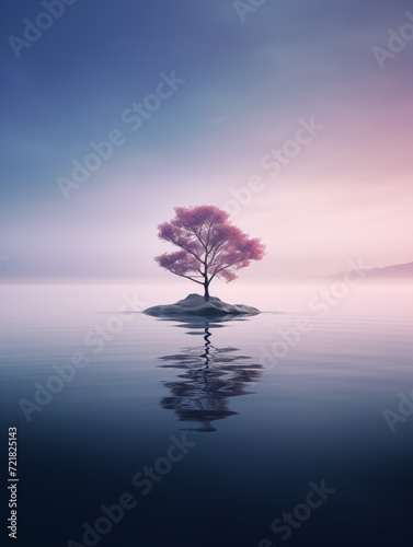 Single Pink Tree in the Middle of Water