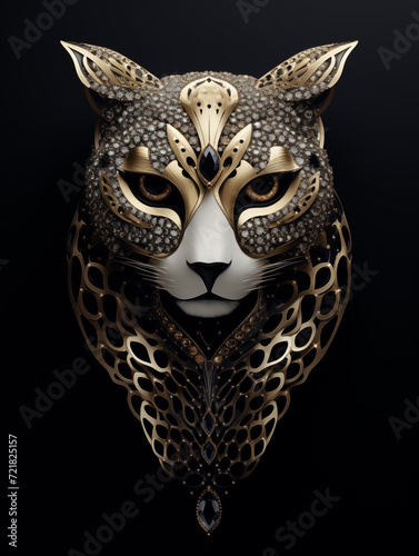 Sculpted Golden Cat Head Studded with White Stones and Jewels