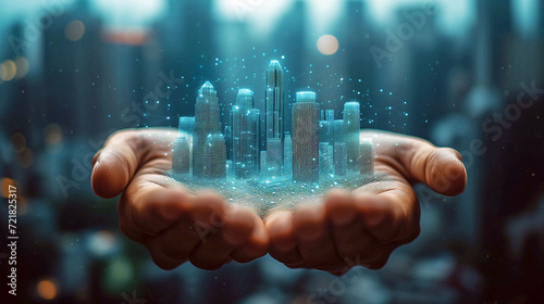 Investment concept. Business people hold modern buildings hologram and have a growing investment graph 