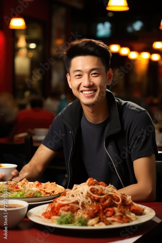 Happy asian mature man eating dinner. ai generated © dark_blade