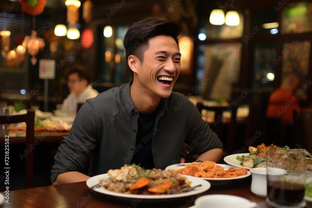 Happy asian mature man eating dinner. ai generated