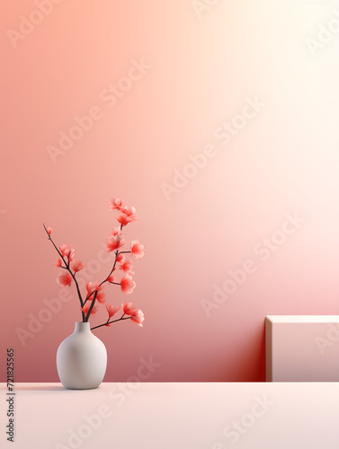 White Vase with Pink Flowers against White and Orange Gradient Wall