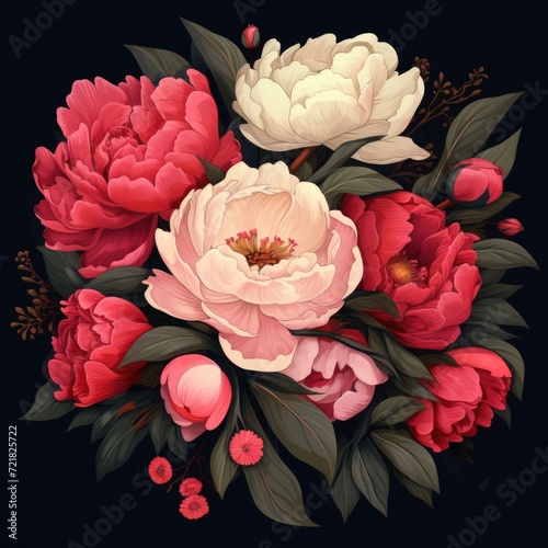 Illustration of a graceful bouquet of peony flowers on a dark background