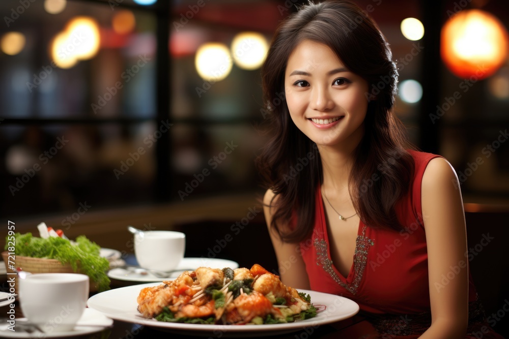 Happy asian woman eating dinner. ai generated