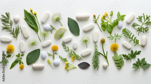 A creative display of assorted pills and natural herbs arranged on a white background, symbolizing integrative health. photo