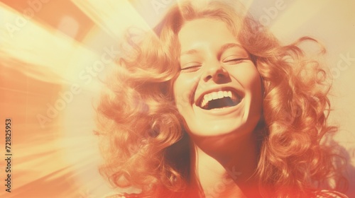 A radiant woman laughing  bathed in warm sunlight  representing joy and summer happiness.