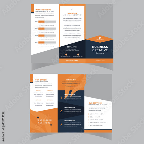 Tri fold brochure design. Teal, orange corporate business template for tri fold flyer. Layout with modern circle photo and abstract background. Creative concept 3 folded flyer or brochure photo