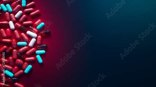 Striking red and blue pills scattered across a gradient background, depicting pharmaceutical concepts. photo