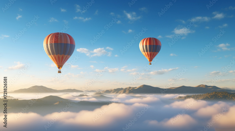 Obraz premium Peaceful scene of hot air balloons soaring over a breathtaking landscape of cloud-covered mountains during sunrise.
