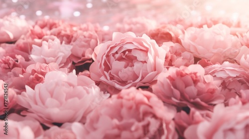 Close-up of lush soft pink peony blossoms creating a full frame of floral beauty.