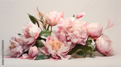 A sophisticated arrangement of pink peonies and leaves elegantly displayed against a soft neutral backdrop.