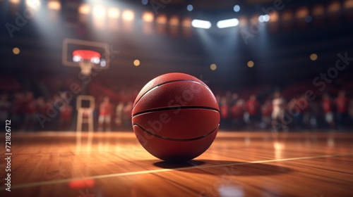 Basketball on polished wood court, dramatically lit by an overhead spotlight, audience in soft focus. © red_orange_stock