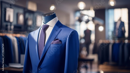 A sophisticated blue suit displayed on a mannequin in a luxury fashion store, complete with tie and handkerchief. © red_orange_stock