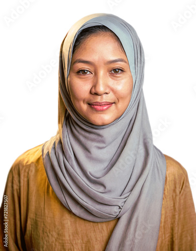 A woman smiles wearing a hijab (ID: 721827507)