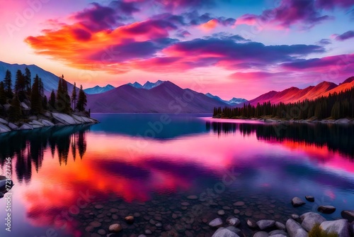 A tranquil sunset over a pristine mountain lake  reflecting vibrant hues of pink  orange  and purple in the calm waters