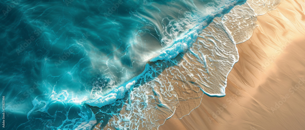 Where the ocean kisses the sand: An aerial snapshot of turquoise waves lacing a golden beach, capturing the dance between sea and shore